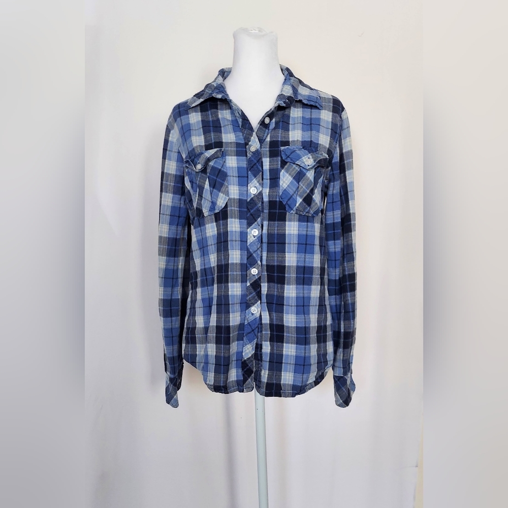 dELiA*s Shirt Blue Plaid Long Sleeve Button Up Shirt Womens Large